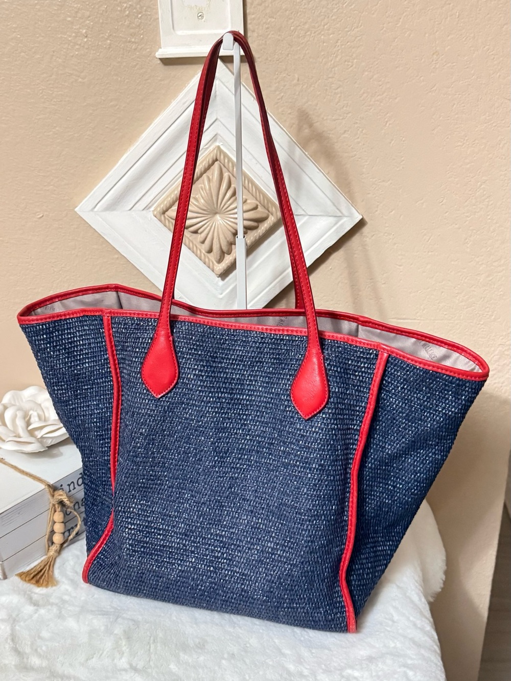 MZ Wallace Navy Straw Tote with Red Trim - Picture 2 of 10